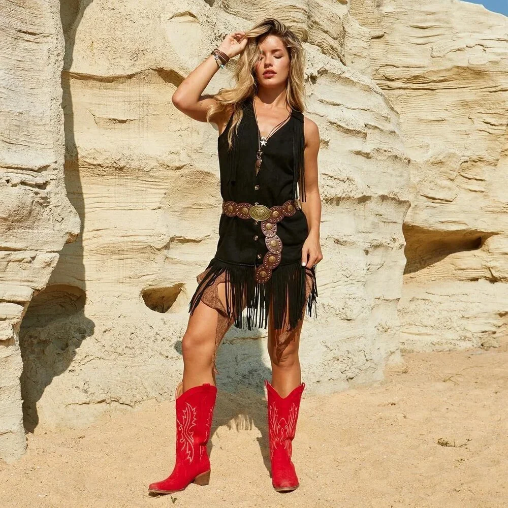 Women's Red Suede Western Cowgirl Chunky Heel Mid Calf Snip Toe Insteps Boots